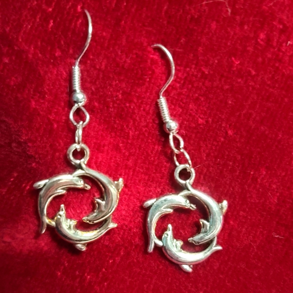 DOLPHIN Circle Dangle Earrings silvertone NWT